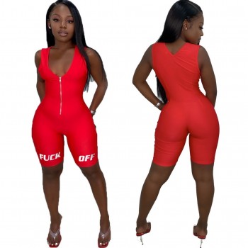 2020 New Summmer Women's Sexy Letter Print Bodysuits Casual Sleeveless Playsuit Athleisure Neon Color Rompers Zipper Jumpsuits
